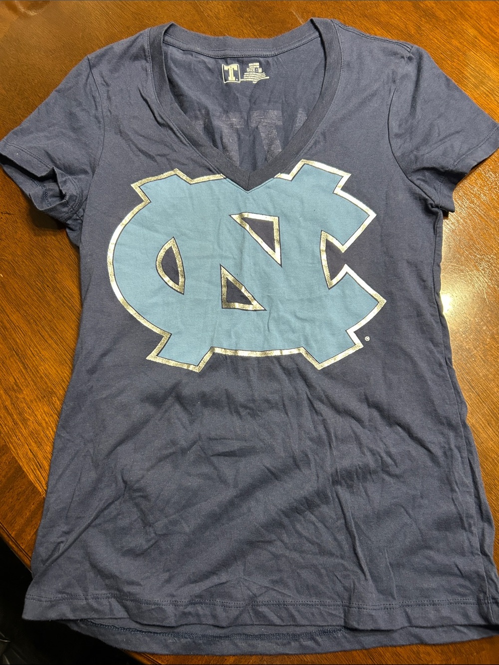 V-neck Navy Tee with Carolina Blue Logo - Womens